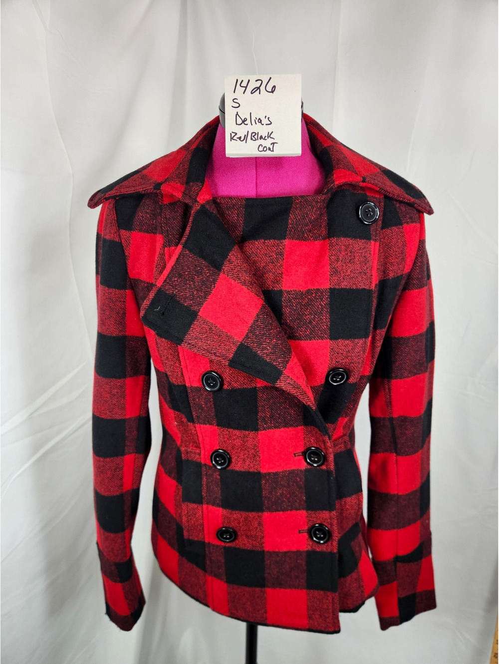 Delia's Women's S Red/Black Plaid Double Breasted Lined Pea Coat Long Sleeve